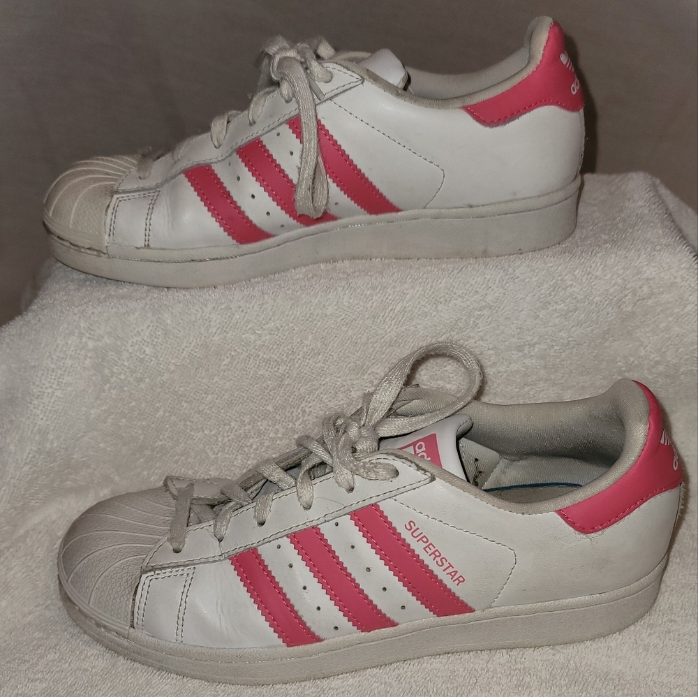 Pink and white Adidas superstar, women's size 5